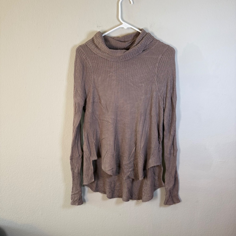 We The Free Free People Mauve Cowl Neck‎ Thermal Waffle Knit Top XS Thumbholes